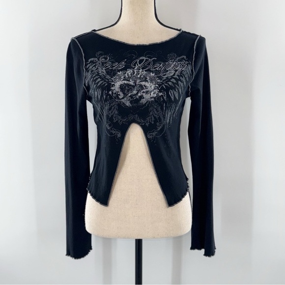 Urban outfitters Seek Destiny Split Black Graphic Long Sleeve Top size large - Picture 8 of 15